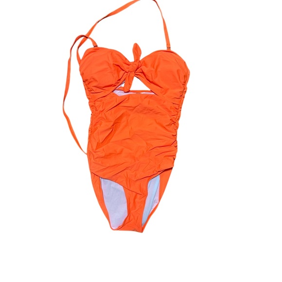 New Tempt Me Orange One Piece Swimsuit Medium Cut Out Bow Ruched Halter - Picture 2 of 4